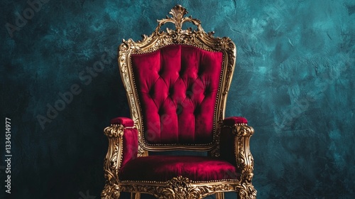 Elegant red velvet throne chair against a blue wall