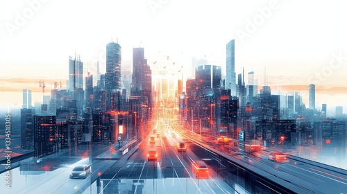 A futuristic cityscape featuring skyscrapers, vibrant lights, and busy highways, conveying a sense of urban energy and technological advancement.