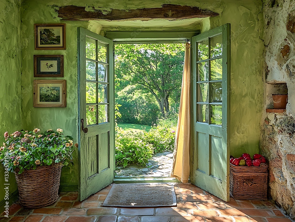 A charming interior doorway opens onto a lush green garden view A charming interior doorway opens onto a lush green garden view