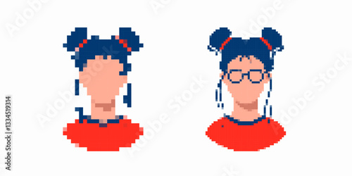 Two pixel art characters with dark hair wearing red outfits and showing unique hairstyle designs.