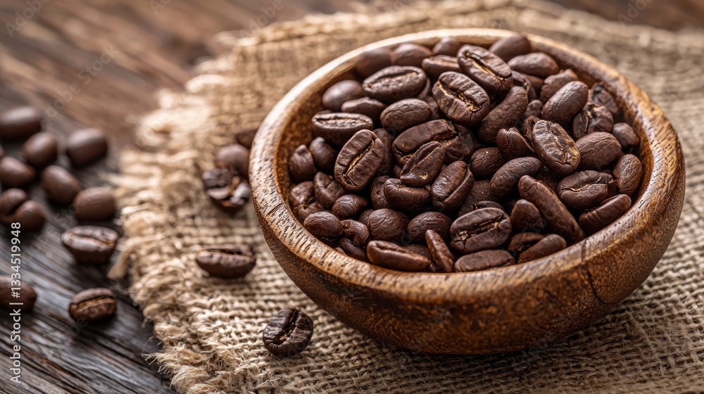 Fototapeta premium Wooden bowl filled with roasted coffee beans
