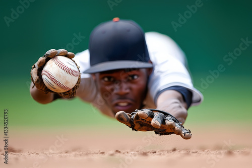 A baseball player diving to catch a ball just inches above the ground,