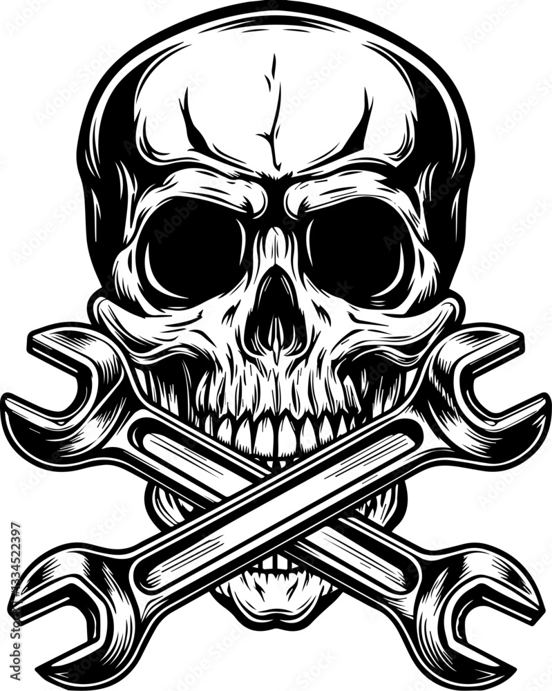 Fototapeta premium Skull mechanic with skull tools in SVG and vector format. Skull and Wrenches Crossbones Design for Edgy Apparel and Art