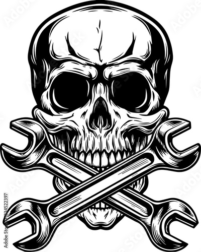 Skull mechanic with skull tools in SVG and vector format. Skull and Wrenches Crossbones Design for Edgy Apparel and Art