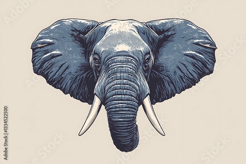 A detailed illustration displaying the frontal face of an elephant