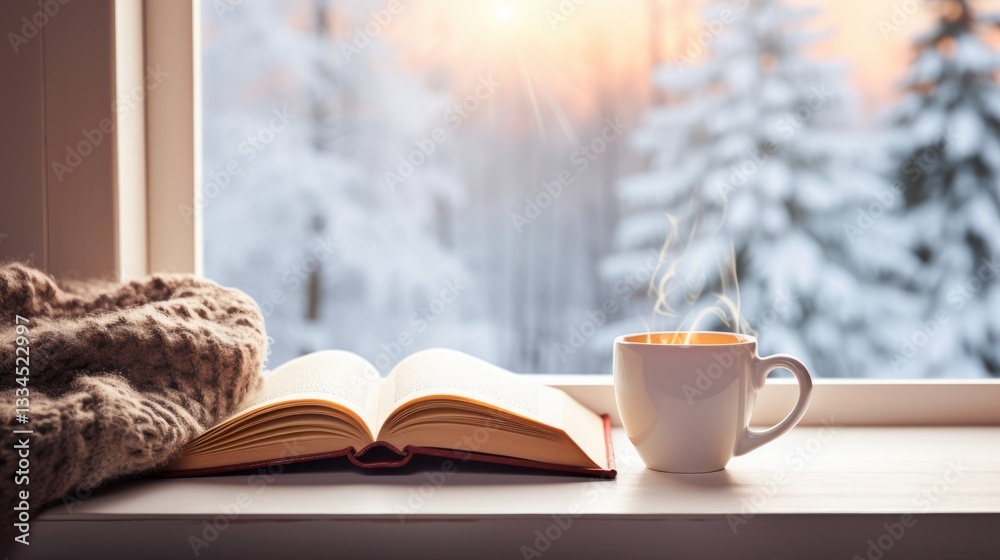 Cozy winter reading scene with an open book, steaming mug, and a knitted scarf by the window overlooking snow-covered trees Cozy winter reading scene with an open book, steaming mug, and a knitted scarf by the window overlooking snow-covered trees