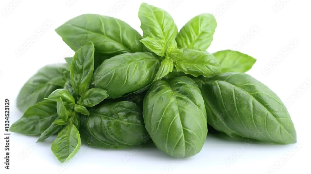 Fresh green basil leaves and stems are on a white background Fresh green basil leaves and stems are on a white background
