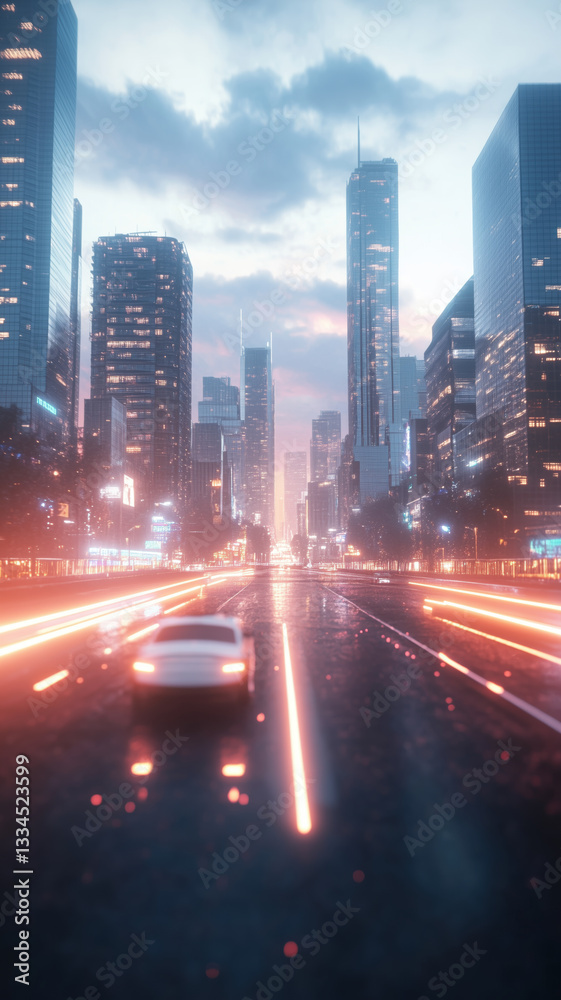 Obraz premium A futuristic cityscape with a neon-lit highway, where glowing streaks of light from fast-moving vehicles create a sense of motion.