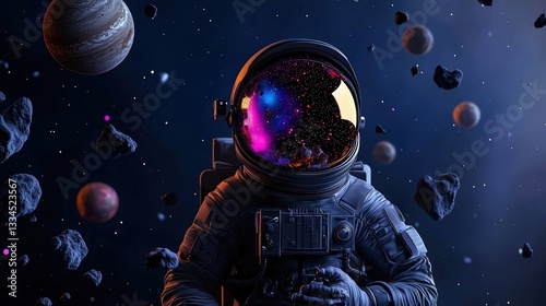 An astronaut floats amidst a colorful cosmos, surrounded by vibrant planets and asteroids, capturing the essence of space exploration.