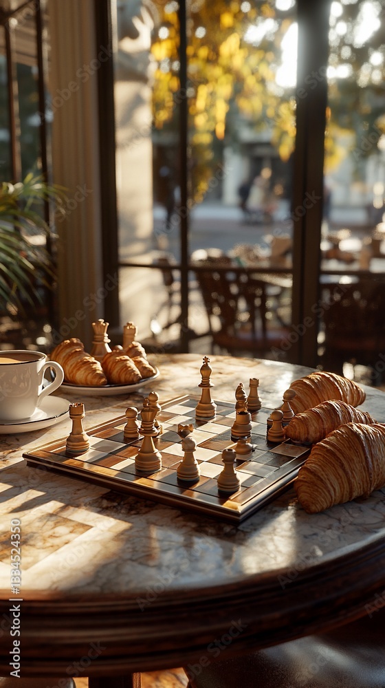 Fototapeta premium Chess game on cafe table, croissants, coffee, sunny day, outdoor view background