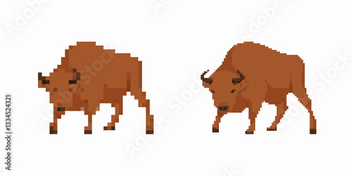 Two pixelated buffalos face each other, showing horns and brown coats, illustrating simplicity in art.