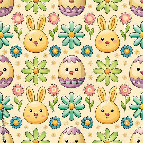 Whimsical Easter themed seamless pattern with bunny faces, eggs, and flowers on light background. easter seamless