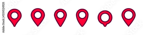 Collection of six red location pins with different designs used for map navigation and positioning.