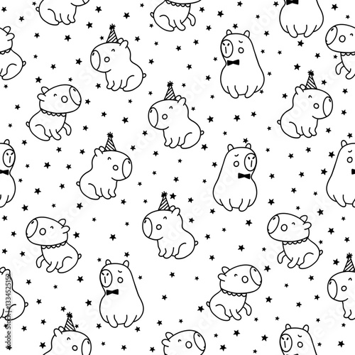 Happy capybaras seamless pattern. Doodle style