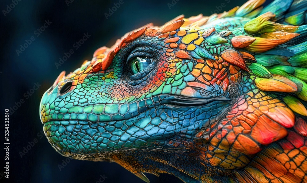 Obraz premium A brilliantly colored lizard displays a vibrant array of scales in a stunning close-up shot.