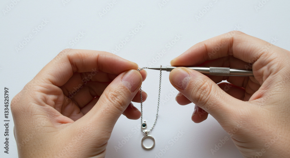 Person working on silver chain creation Person working on silver chain creation