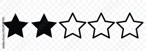2 out of 5 stars rating icons. customer product review star rating icon. Two star rating. Negative customer review. Feedback customers. Quality rating symbols. Vector illustration.