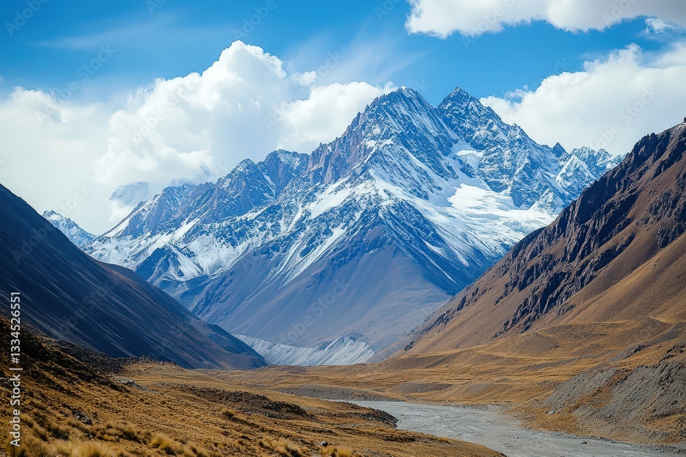 Majestic High-Altitude Mountain Pass With Snow-Capped Peaks and Expansive Valley Under a Bright Blue Sky Majestic High-Altitude Mountain Pass With Snow-Capped Peaks and Expansive Valley Under a Bright Blue Sky