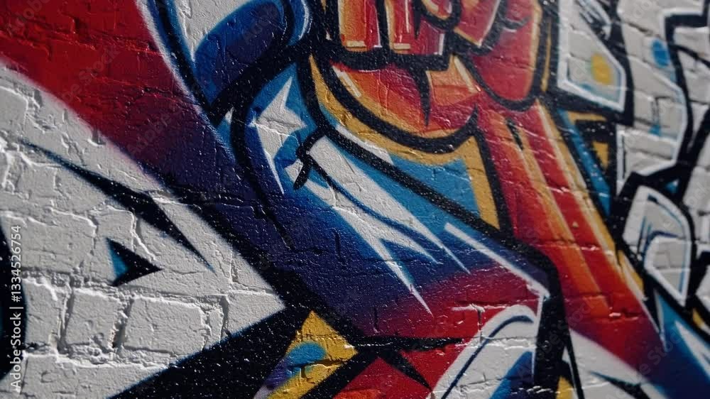 Vibrant graffiti art featuring a clenched fist symbolizing power and resistance, painted on a white brick wall