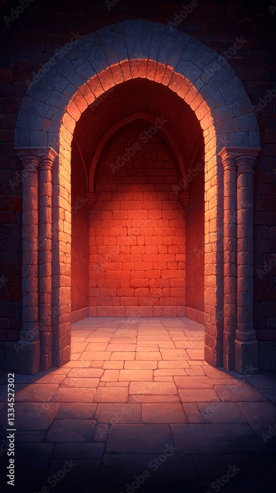 Fototapeta premium Majestic Illuminated Stone Archway Entrance Enchanting Castle Digital Art Mystical Ambiance Low Angle Captivating Journey
