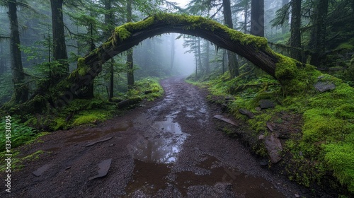 Foggy forest trail under a natural tree arch, damp earth and mossy greenery create a mysterious, untouched wilderness