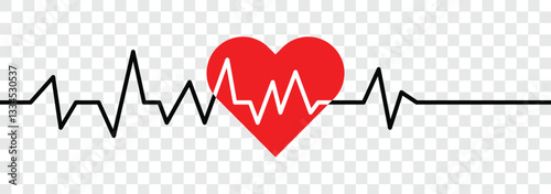 Heart shape with pulse line. Heart rate pulse rhythm line with editable stroke. Cardiogram line icon, sign. Wave pulse. Vector illustration. 