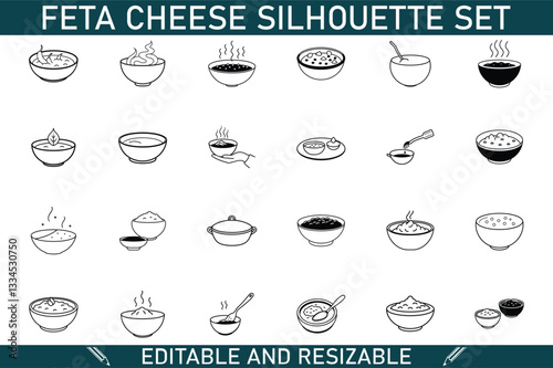 Feta Cheese Silhouette Set Bowls, Dishes, Food Icons, Editable, Resizable