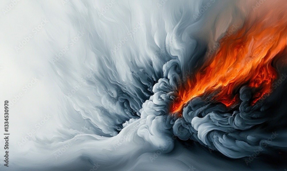 Fototapeta premium Dramatic abstract art featuring a fierce clash of burning fire and swirling grey smoke textures.
