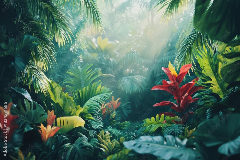 Obraz premium Exploring the Lush Greenery of an Exotic Jungle Teeming With Vibrant Wildlife and Dense Vegetation Under Soft Sunlight