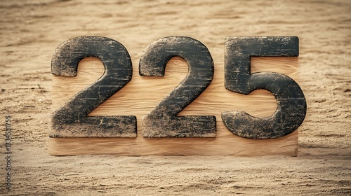 Dusty wooden number 225 on sand.