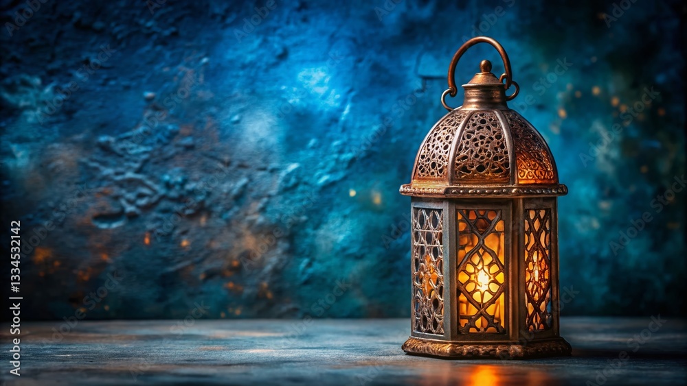 Macro Photography: Antique Bronze Copper Ramadan Lantern on Navy Blue Concrete