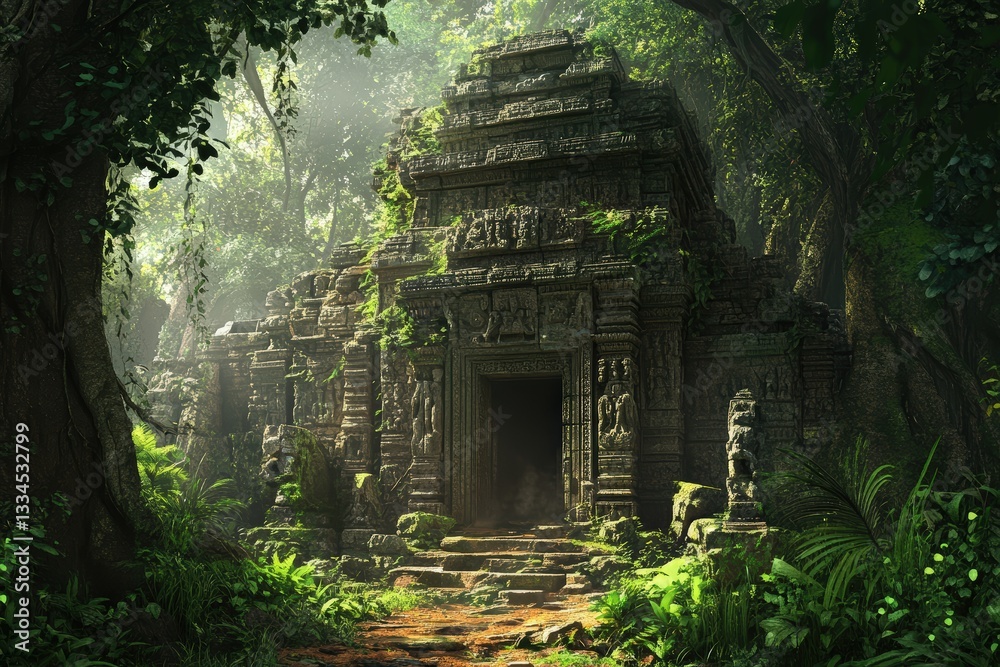 Hidden Temple in the Jungle Surrounded by Lush Vegetation and Intricate Stone Carvings Hidden Temple in the Jungle Surrounded by Lush Vegetation and Intricate Stone Carvings