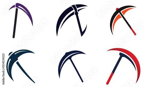 Collection of stylized scythe icons in various color combinations.