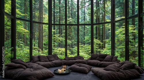 Relaxing lounge with forest view. Interior design. Quiet place for meditation and reflection