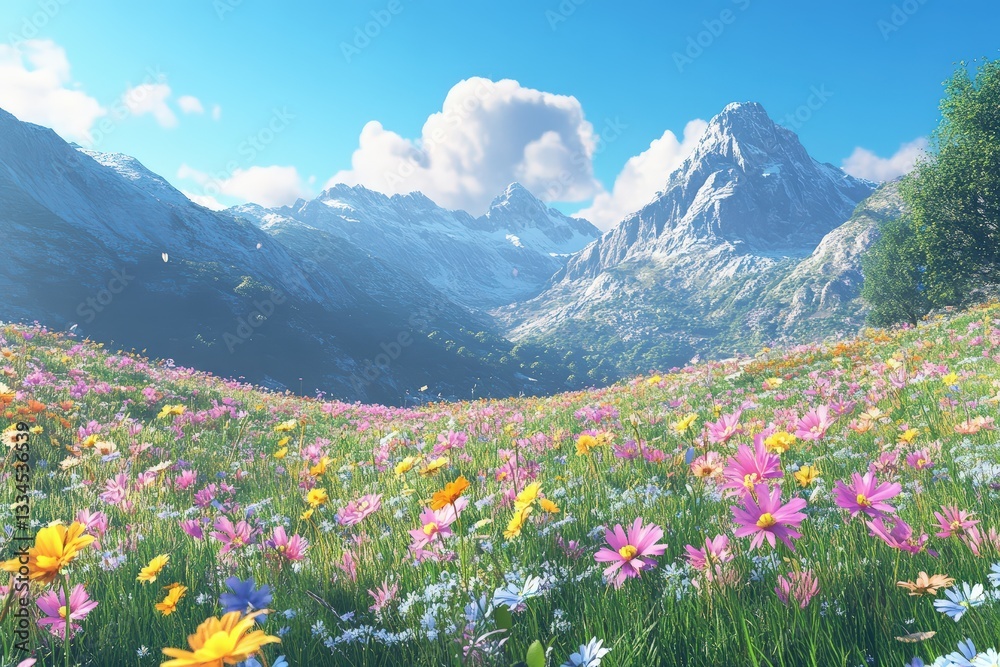 Obraz premium Grazing Deer Enjoy a Tranquil Meadow Filled With Blooming Flowers and a Scenic Landscape Under a Bright Sky With Clouds