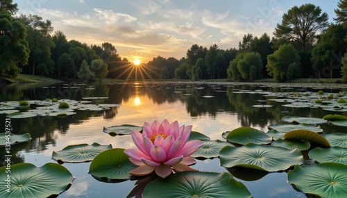 Bild auf Leinwand Tranquil lotus flower blooming at sunset, nature's serenity