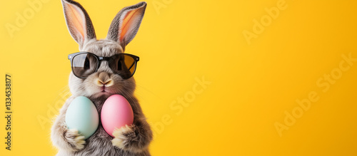 Stylish Easter Bunny with Sunglasses Holding Pastel Eggs on yellow background, banner with copy space