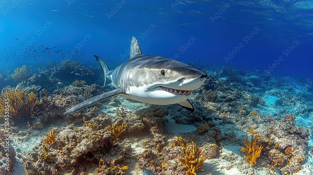 Fototapeta premium Great white shark in coral reef underwater scene