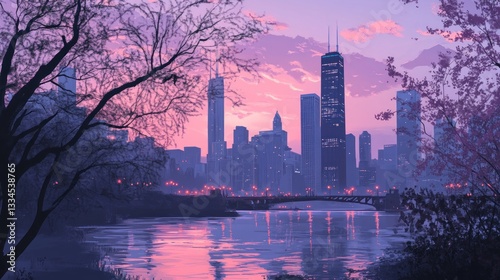 Cityscape sunset reflected in tranquil lake, park view