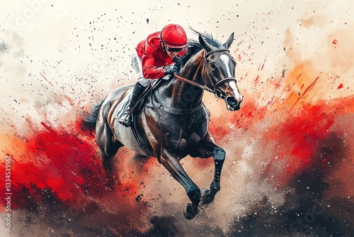 Dynamic Abstract Horse Racing Illustration with Jockey in Vibrant Watercolor Splash