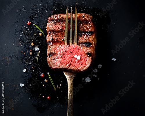 A perfectly cooked steak is pierced by the tines of a fork