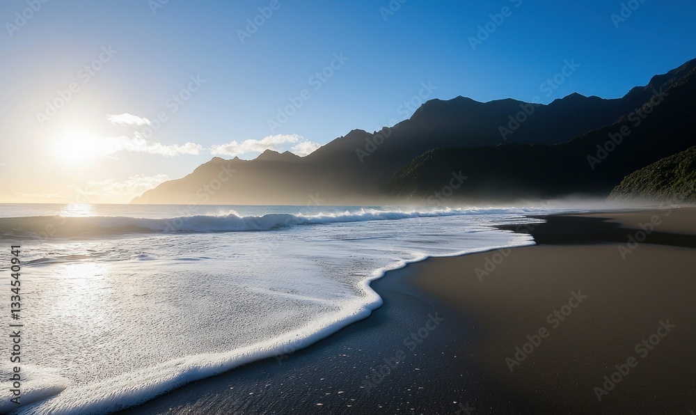Obraz premium A scenic view of a tranquil beach with the sun rising behind misty mountains, casting light on the shore.
