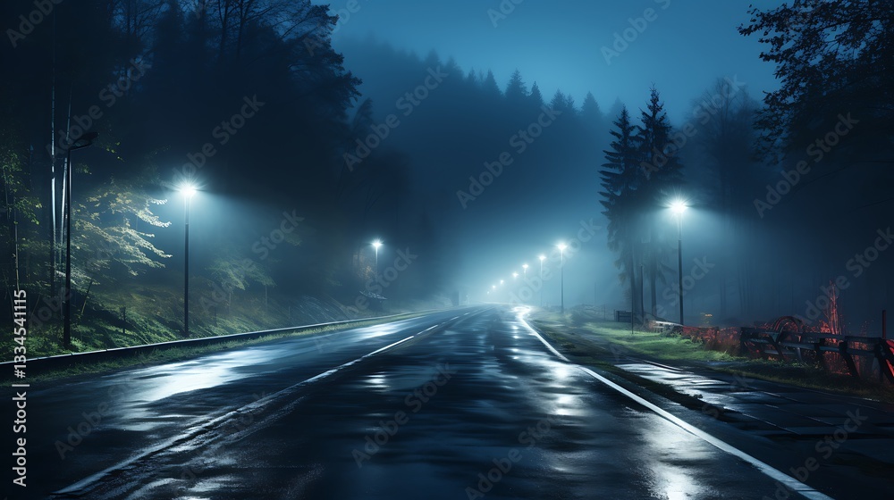 Night Road in Misty Forest: A Serene Drive Night Road in Misty Forest: A Serene Drive