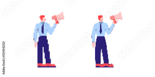 Two pixel art figures in blue and red hold megaphones. they face forward in a simplistic style.