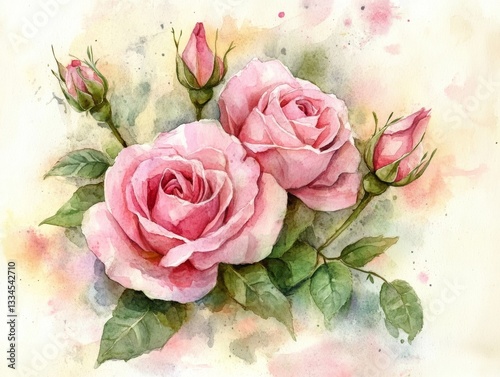 Delicate watercolor painting of two pink roses in full bloom with buds and green leaves against a soft textured background, creating a romantic and gentle floral artwork