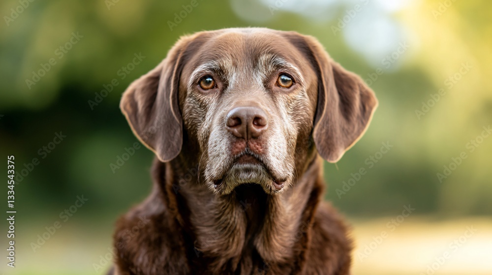 Friendly chocolate Labrador sitting outdoors, adult dog with soft fur and bright eyes, perfect for pet-related content. Friendly chocolate Labrador sitting outdoors, adult dog with soft fur and bright eyes, perfect for pet-related content.