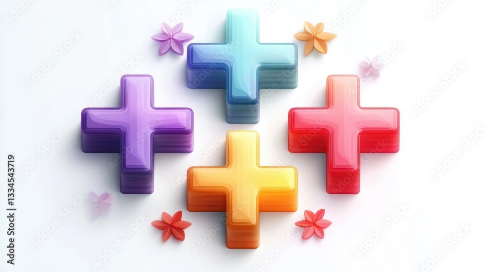 Fototapeta premium Three-Dimensional Colorful Plus Signs in Bright Hues for Education and Health