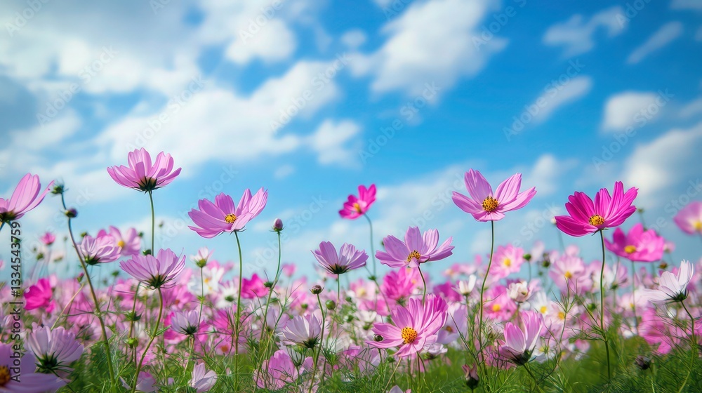 Vibrant pink cosmos flowers, field of wildflowers, blue sky with fluffy clouds, summer meadow, low angle view, soft focus, dreamy atmosphere, pastel colors, nature photography, floral landscape Vibrant pink cosmos flowers, field of wildflowers, blue sky with fluffy clouds, summer meadow, low angle view, soft focus, dreamy atmosphere, pastel colors, nature photography, floral landscape