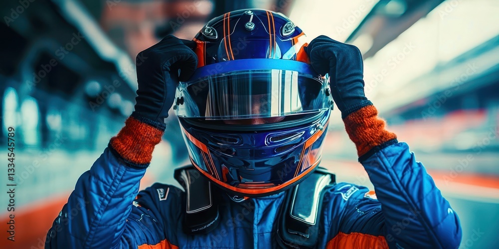 A man in a racing suit is wearing a helmet and gloves A man in a racing suit is wearing a helmet and gloves