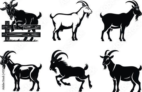 Minimalistic goat silhouette clipart SVG bundle design, A stunning black isolated on white background collection of various goat silhouettes. Perfect for farm, nature, and animal-themed designs